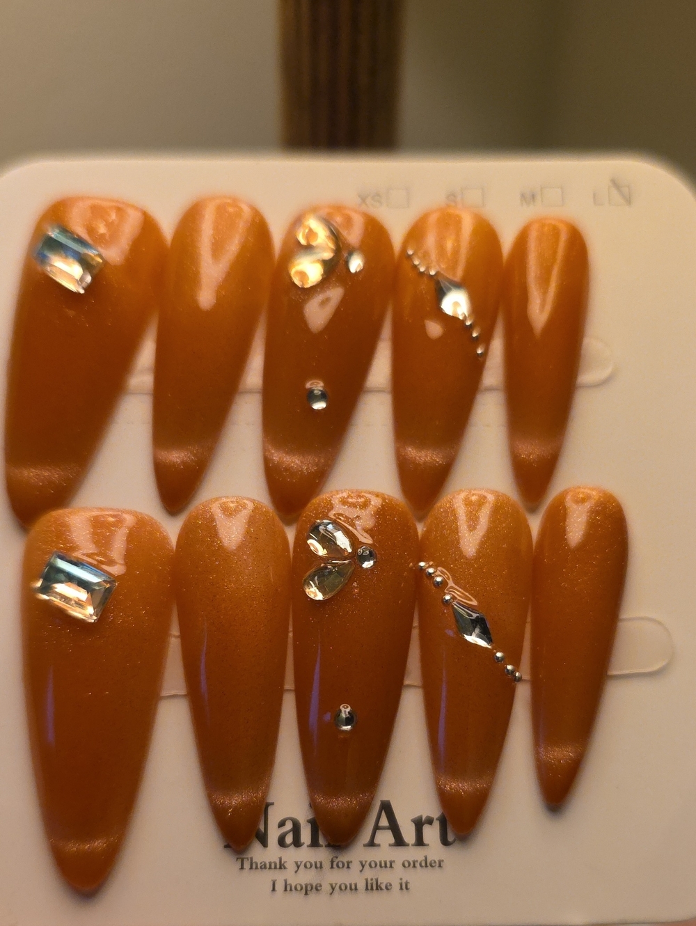 Auburn/Brown Almond Press-On Nails with Rhinestone Accents Size Large